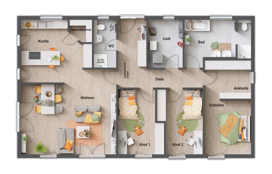 Grundrissvariante 5 überzeugt mit einer durchdachten Planung: einem großzügigen Wohlfühlbad, zwei Schlafräumen und einem Schlafzimmer mit integrierter Ankleide, bewusst ohne Gäste-WC.