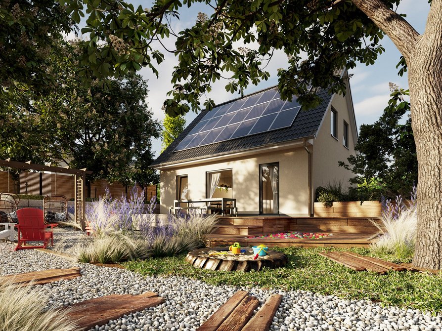 Das Einfamilienhaus Flair 110 als Variante Trend und Blick in den Garten mit PV-Anlage auf dem Dach