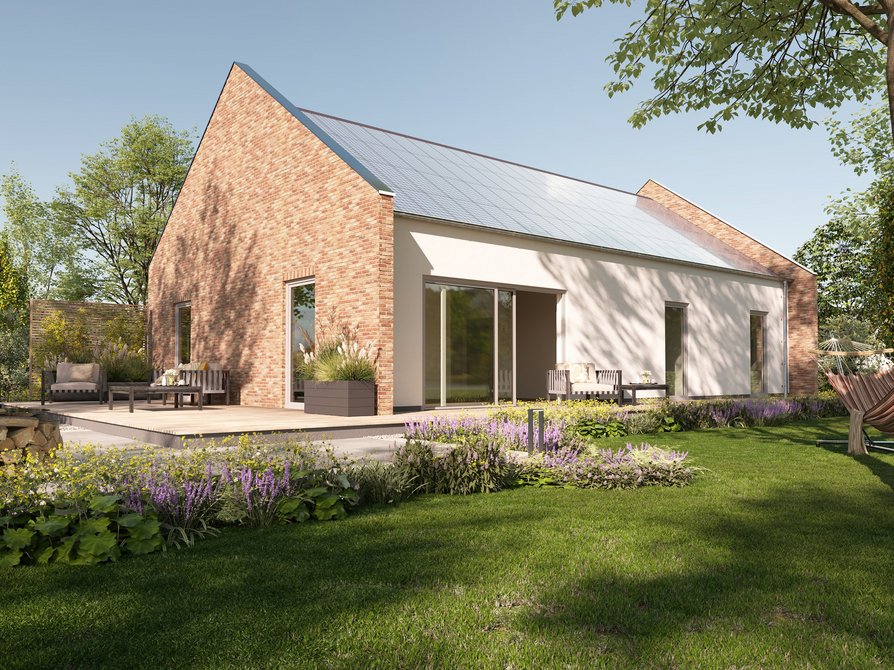 Massivhaus Bungalow 100 NOVO mit markanten Klinkergiebeln und vollintegrierter Photovoltaikanlage für nachhaltiges Wohnen im eigenen Garten