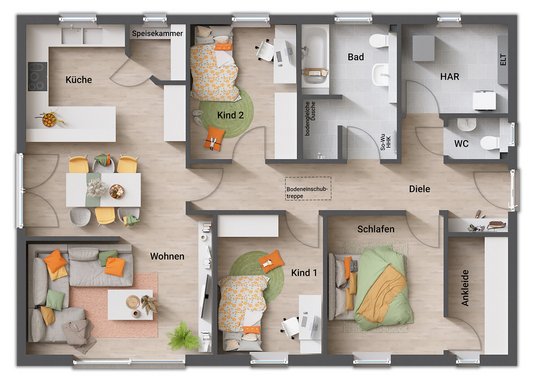 Bungalow 110 Grundrissvariante mit Eingang an der Walmseite, Ankleide im Schlafzimmer und Speisekammer in der Küche